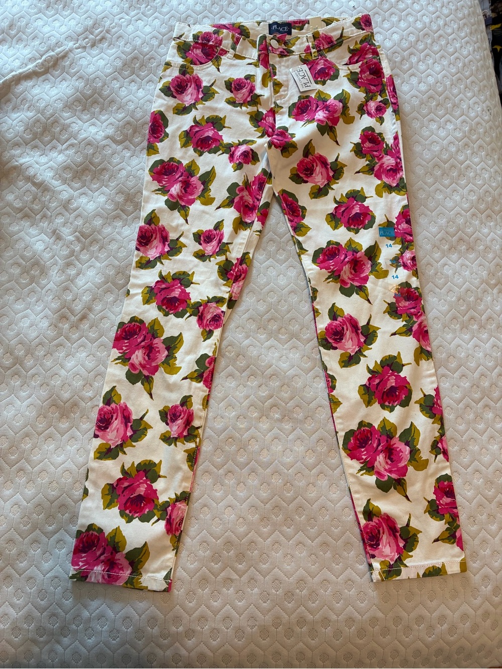Floral Print Girl’s Jeans - Pink Roses on White, Pleione